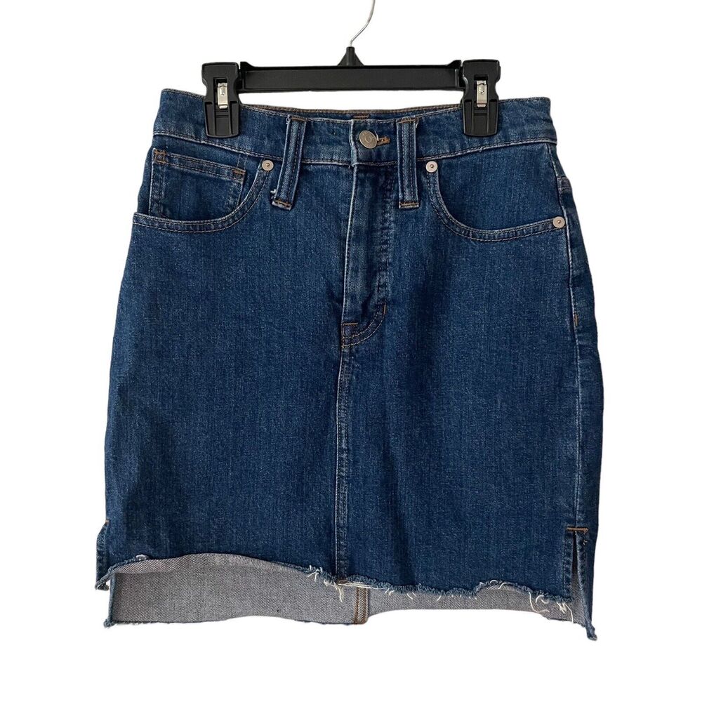 Madewell Womens 24 Jean Skirt Straight Blue Denim Step Hem Raw Stretch Classic